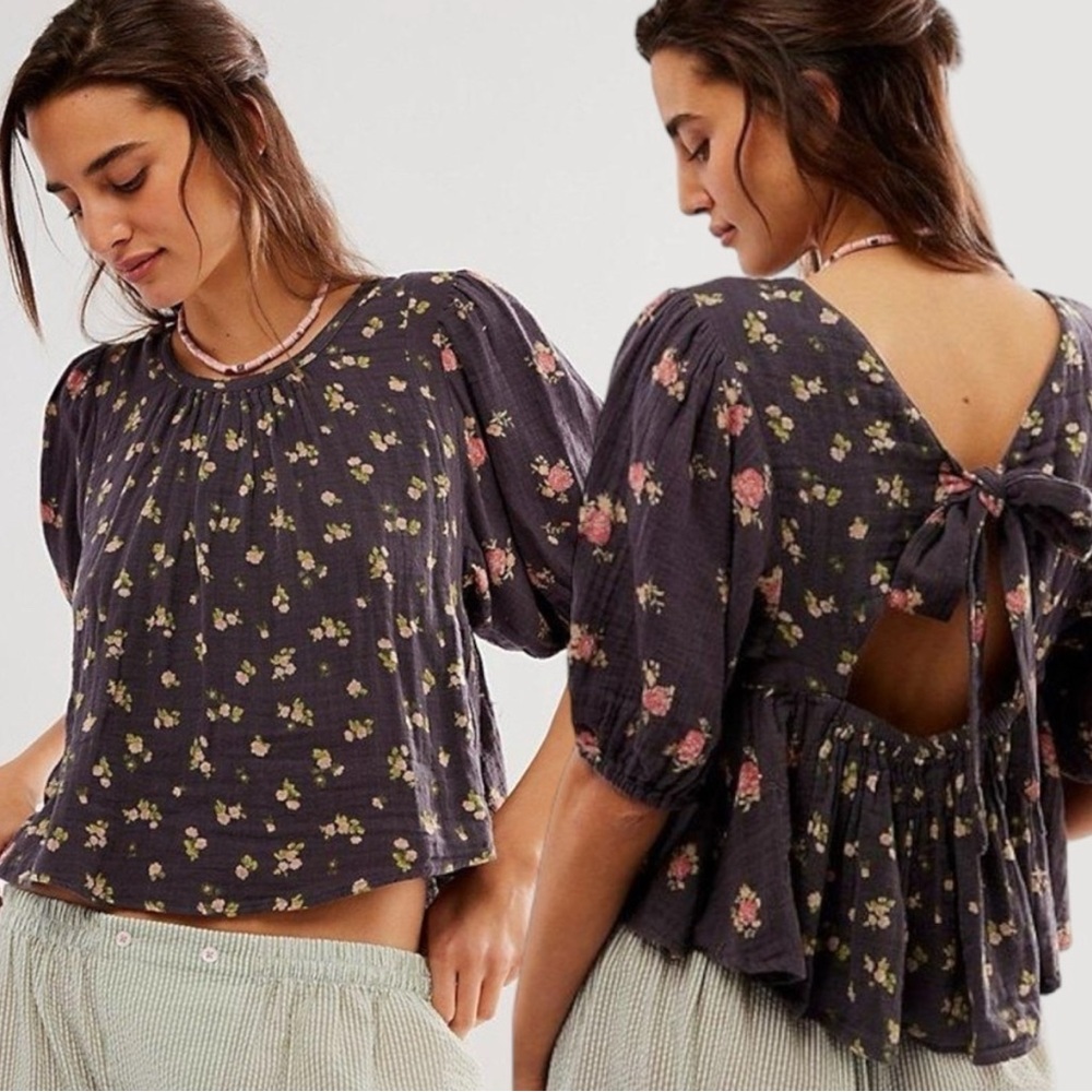NWT $128 Free People Chloe Top, Size XS, Washed Black Floral, 100% Cotton‎